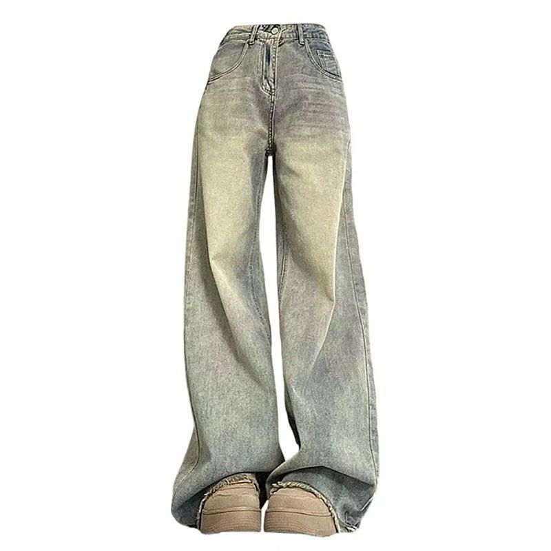 Jeans da Moda Confortáveis Vintage Lavados Velhos de Perna Larga Femininos Cintura Alta Skinny Soltos Retos Bainha Desfiada Calças Jeans Femininas Calças Jeans Longas