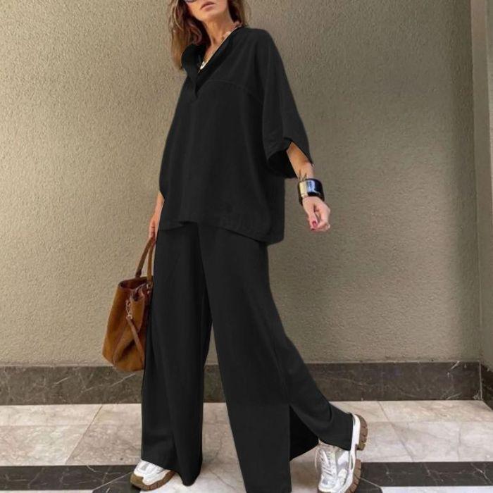 Women's Solid Color Simple Loose Two-piece Casual Wide-leg Trousers Suit for Women