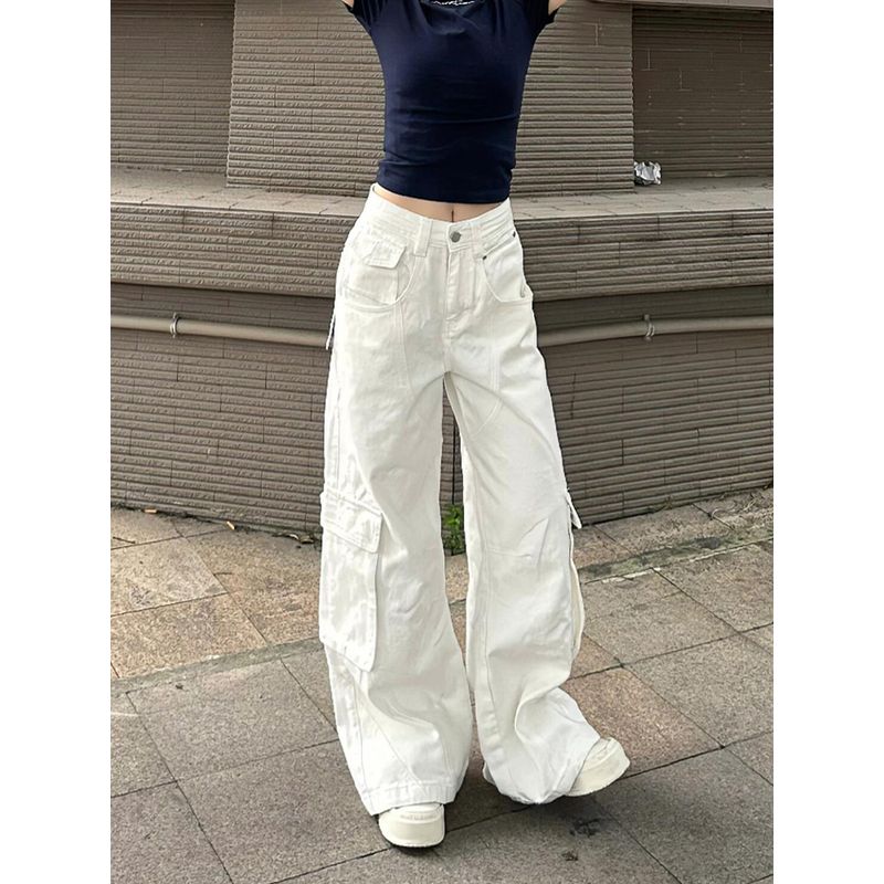 Plus size American High Street White Cargo Jeans Women Summer High Waist Straight Loose Drape Mop Wide Leg Pants