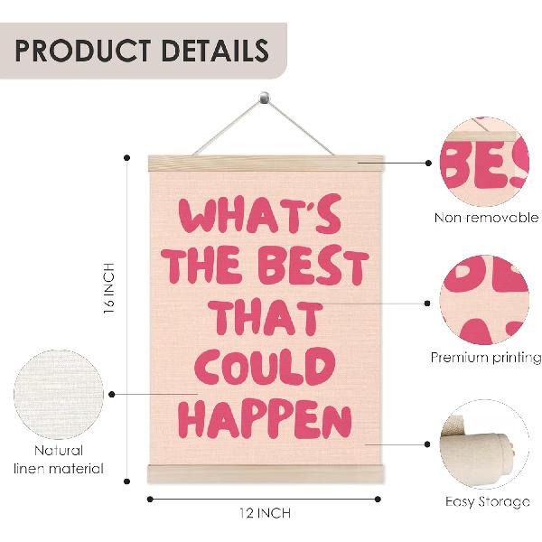 HUGANE What's the Best That Could Happen Wall Art Poster Hanger Frame, Trendy Pink pirational Quote Canvas Pictures Prints Hanging Wall Decor for