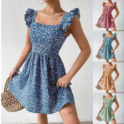 Women's Loose Casual Square Neck Flying Sleeve Floral Dress Short Skirt