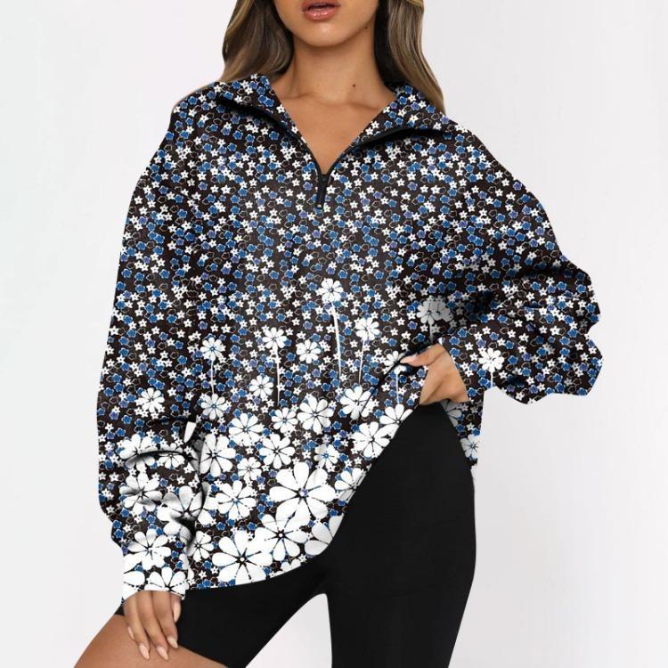 

Женский повседневный свитшот оверсайз с цветочным принтом, с длинными рукавами, на молнии, со спущенным плечом, модный топ для улицы XXXL синий
