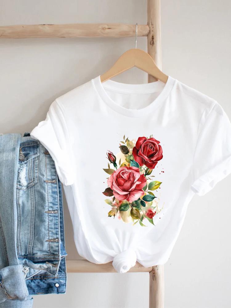 Women's Short-sleeved T-shirt, Fashionable Flower Print Bottoming Shirt