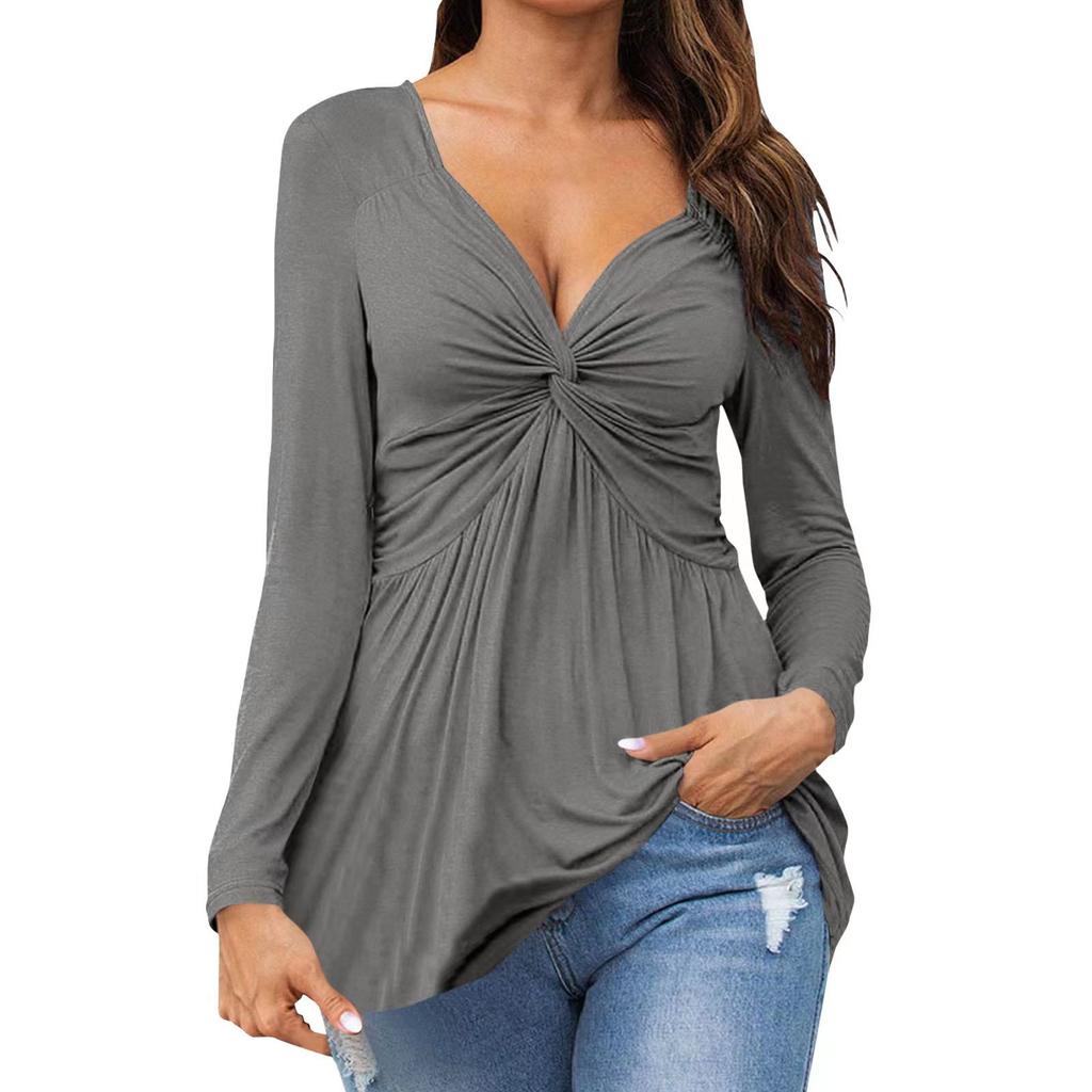 Women's Long Sleeve Twist Front V Neck Streetwear Casual Tunic Top Solid Color Pleated Dyeing Cotton Blend Pullover Shirt For Autumn Daily Outfit