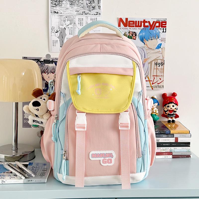 middle school student schoolbag, women's new contrasting color waterproof, ultra-light large-capacity lightweight high school backpack