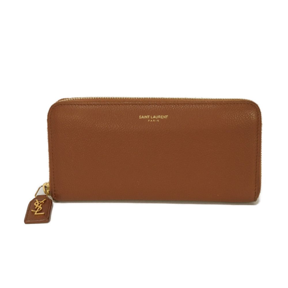 Used YSL Full Zip Wallet 9921 414680 B680J 6309 7940 Calfskin Brown Zip Around Logo Foil Stamp Brick Unisex from Japan