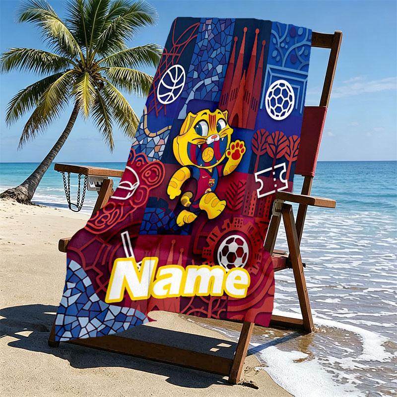 Personalisierter Strandtuch mit individuellem Namen, FC Barcelona Druck, für Reise, Camping, Strandparty, Heimdekoration, Geburtstagsgeschenk für Familie & Freunde
