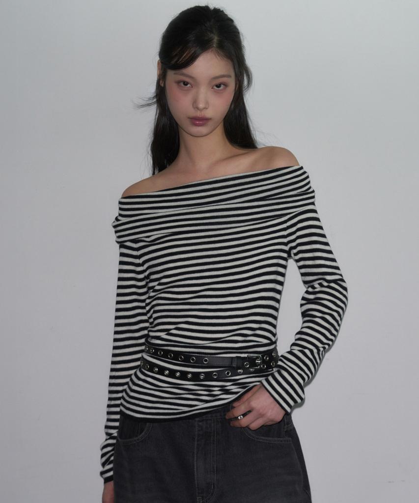 Ledeoli Two-Way Off-Shoulder Striped Knit Top [Charcoal]