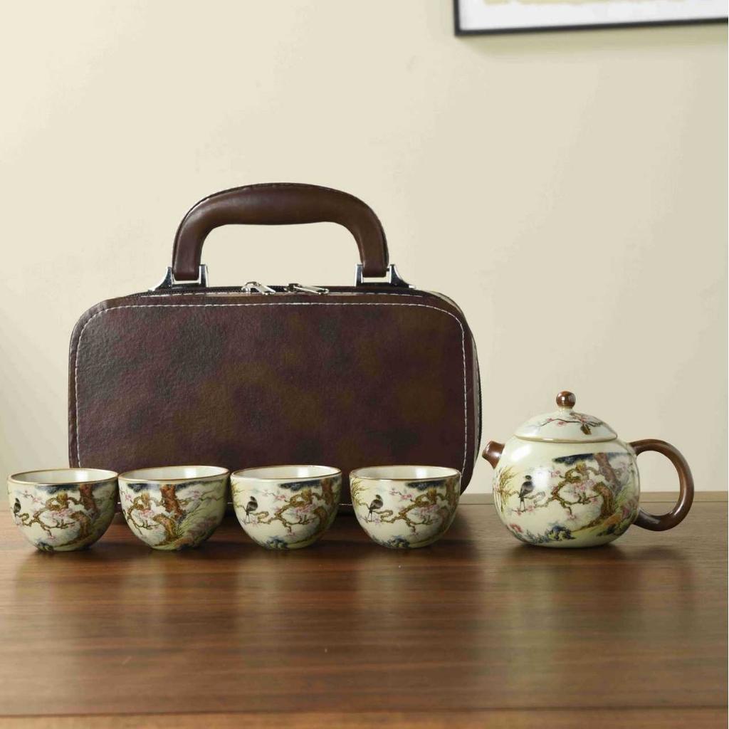 Ru Kiln Travel Tea Set One Pot Four Cups Retro Kung Fu Tea Set Ceramic Teapot Tea Cup Portable Outdoor Teaware Sets Leather Bag