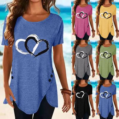 Plus Size Herz bedruckte Tops Rundhals Kurzarm Tunika Bluse Freizeithemden Damenbekleidung