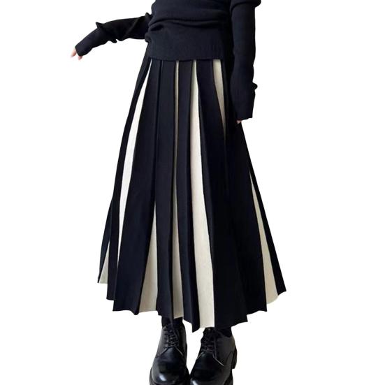 Women Midi Skirt High Waist Patchwork Color Pleated Skirt Autumn