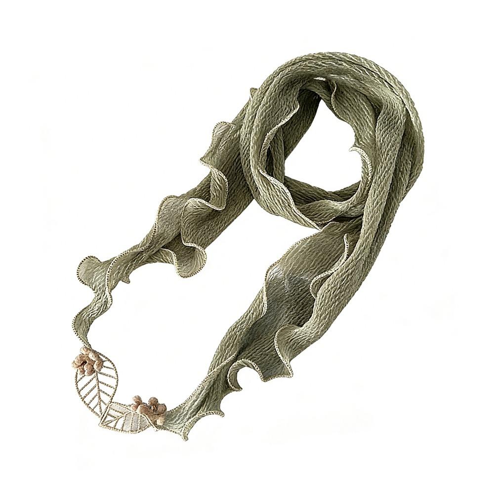 

Solid Color Crushed Silk Scarf Leaf Pendant Wrinkled Silk Small Neckerchief Frilled Edge Artistic Design Silk Scarf Summer Wear зелёный