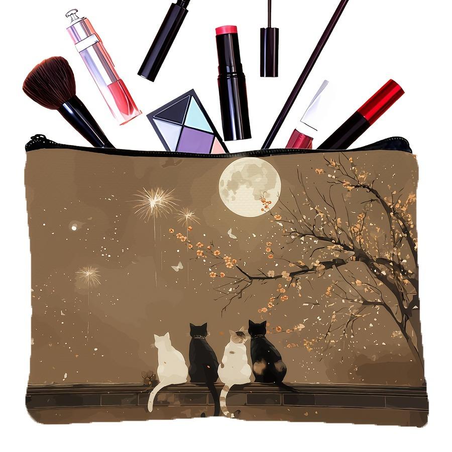 1pc Women'S Cute Cat Print Makeup Bag Sweet Fabric Cosmetic Organizer with Adorable Kittens and Floral Pattern Pouch