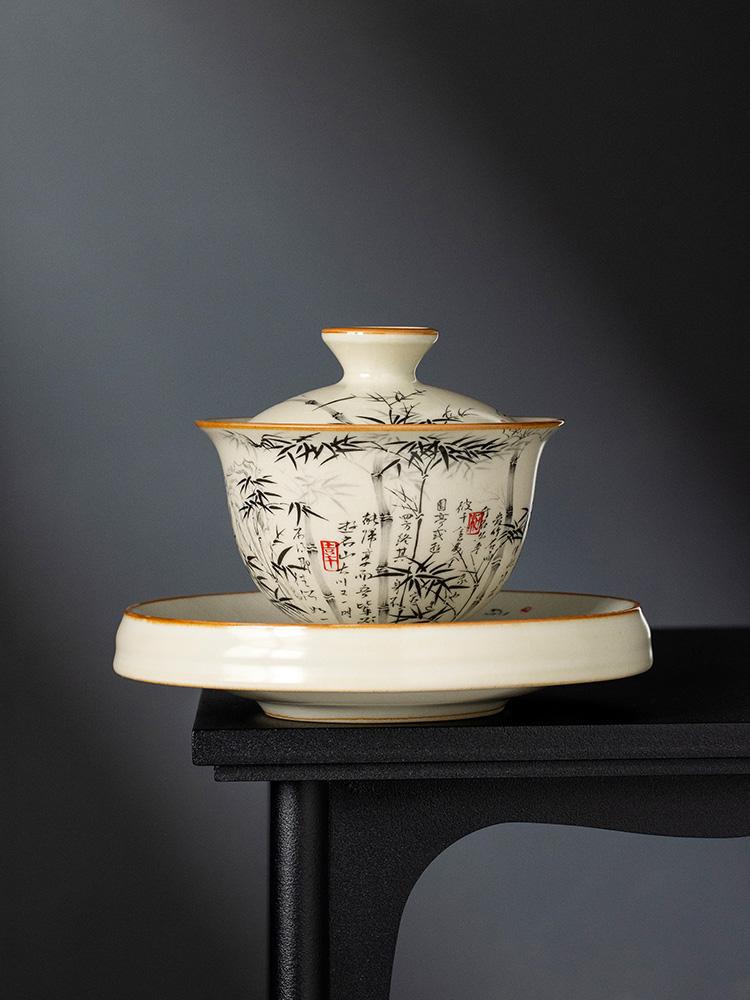 Set Gaiwan din porțelan din bambus negru Ru Kiln de 170 ml pentru pahar de ceai ceașcă de ceai din ceramică galbenă chinezească boluri de ceai pentru ceremonia de ceai