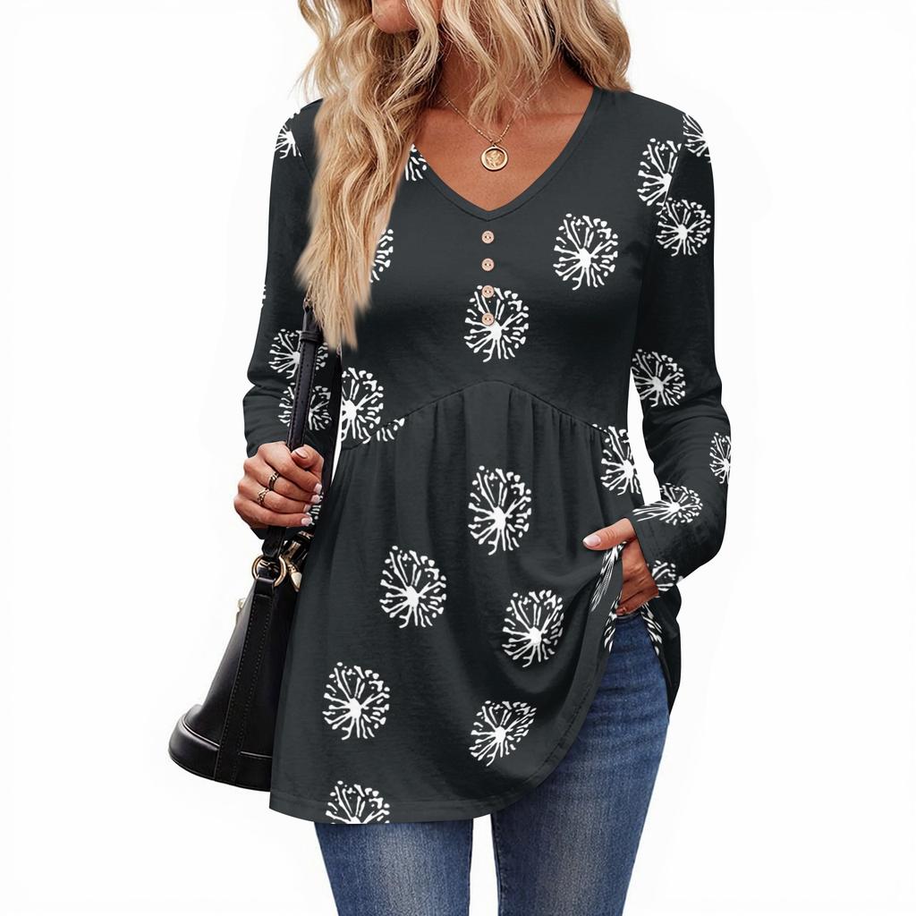 Women's Casual Fashion V-Neck Button Retro Floral Print Long Sleeve Top