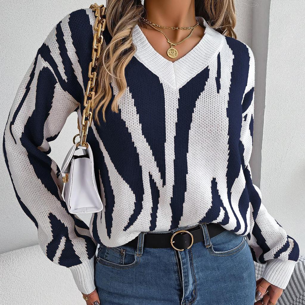 Herbst Winter Vintage Locker Langarm Oberteil Druck Farbe Strickjacke Strickware V-Ausschnitt Pullover