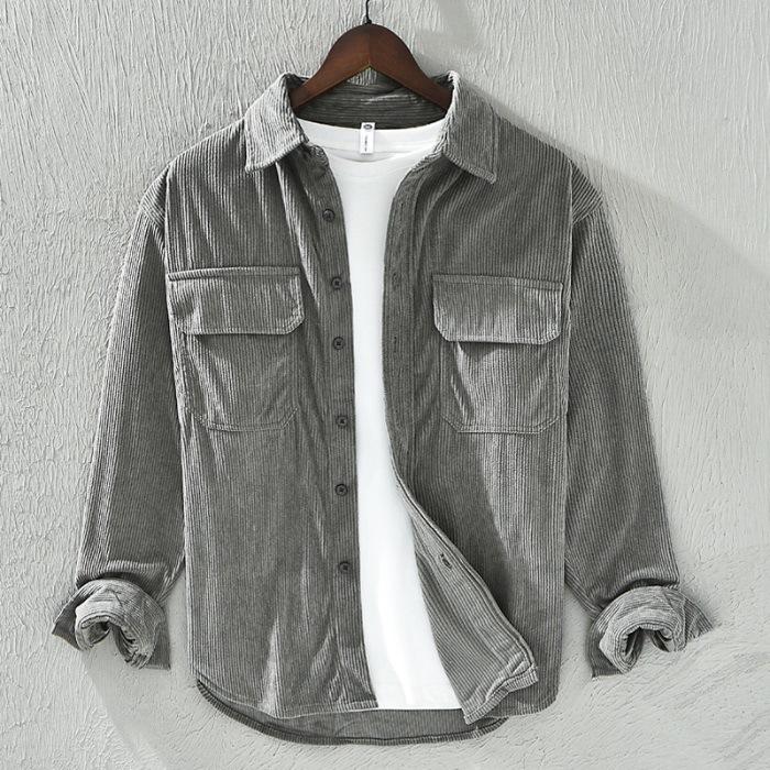 

Весна Новый Стиль Полосатая Рубашка с Длинным Рукавом Двойной Карман Свободная Повседневная Вельветовая Рубашка-Куртка 3XL
