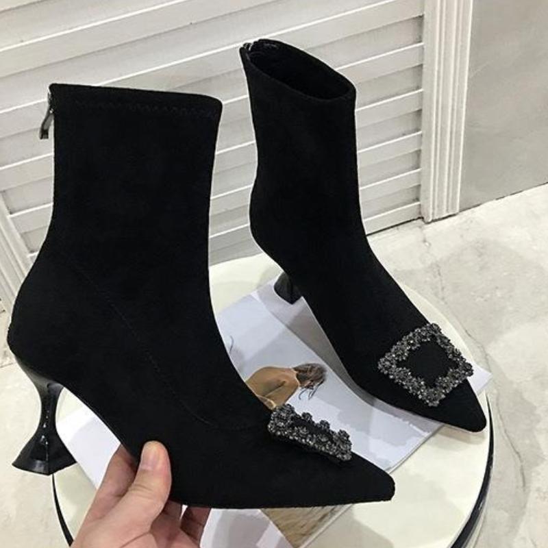 Ankle Boots Women Boots Women Shoes Woman Fashion High-heeled Pointed Flock Spring Autumn Rhinestone Short Boots