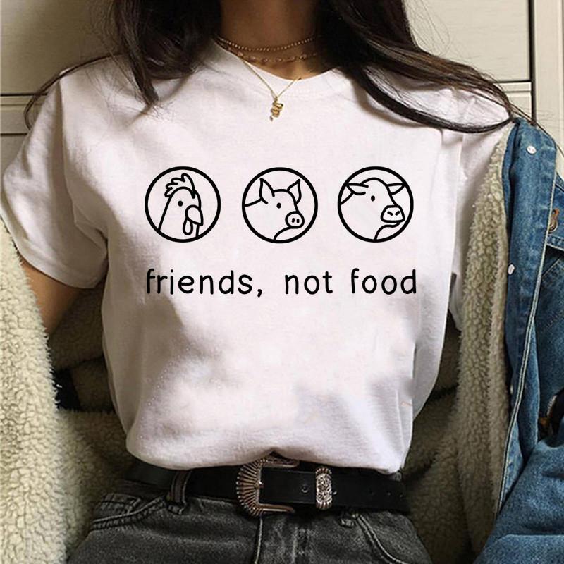 Friends Not Food Bedruckte Baumwolle Lockere Rundhals Kurzarm T-Shirts Damen