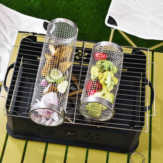 Drehbarer Grillkorb mit Holzgriff, Edelstahl-Zylinderkäfig für Camping, Antihaft-Outdoor-Kochwerkzeug