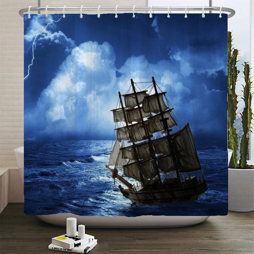 Sailboat Waterproof Bathroom Shower Curtains Sea Navigation Bath Curtains 3d Printing With Hooks 180*180cm Washable Cloth