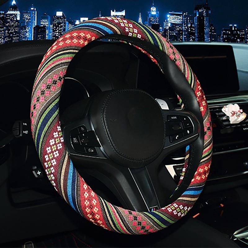 38CM Ethnic Style Coarse Linen Car Steering Wheel Cover Trendy Personalized Handle Wrap for Car Steering Wheels & Accessories