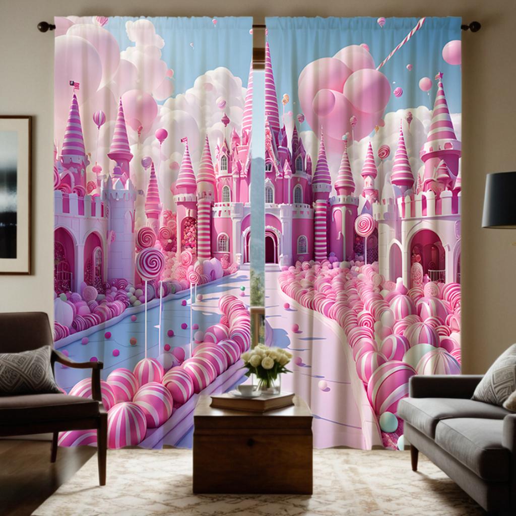 2pcs  Set HD Princess Style Disney Castle Pumpkin Decorative Curtain Pink Tie Digital Printed Curtain Home Decoration Style De