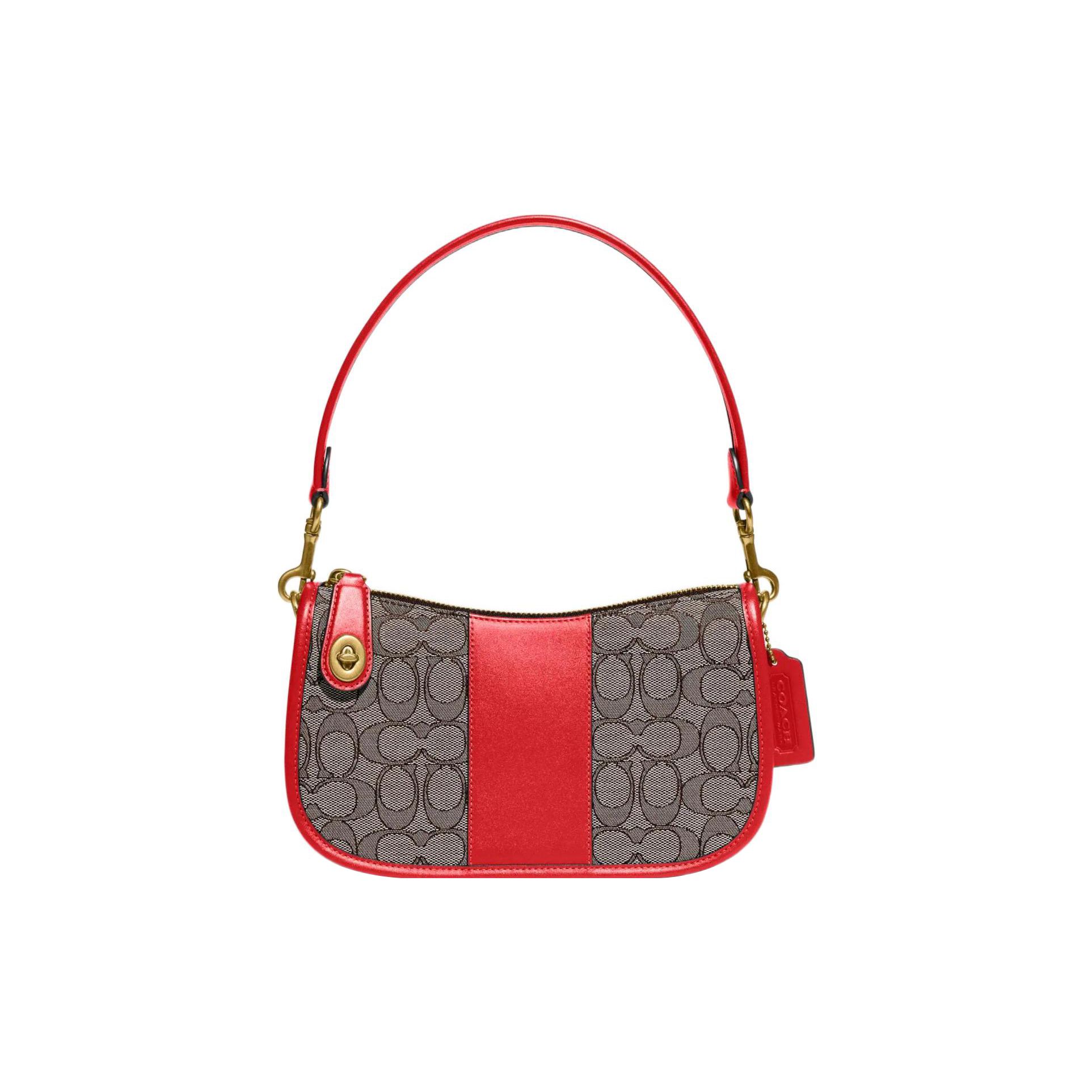

Coach Coach Signature Canvas Red Stripe Shoulder Bag, Brown Canvas Red Leather Trim Gold Turnlock Detachable Handle, Women s Daily Travel CD678-B4UQ6 Basic Set (Bag+Dust Bag)