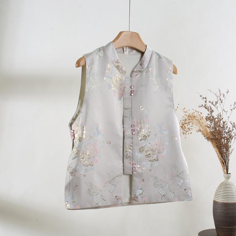 

Real satin armor vest women s spring and autumn summer new vest stand-up collar jacquard vest top M [Recommended below 50kg] озеро синього кольору