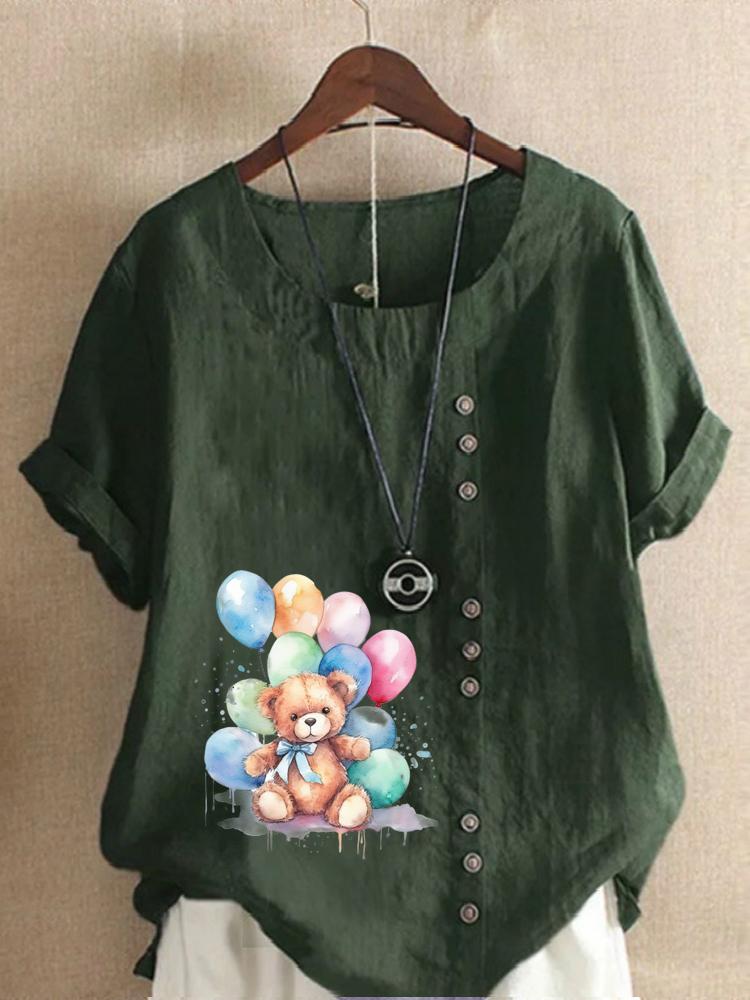 Women's Fashion Bear Print Round Neck Short Sleeve T-shirt Summer Casual Cotton Linen Graphic Shirt Leisure Loose Blouse Tops