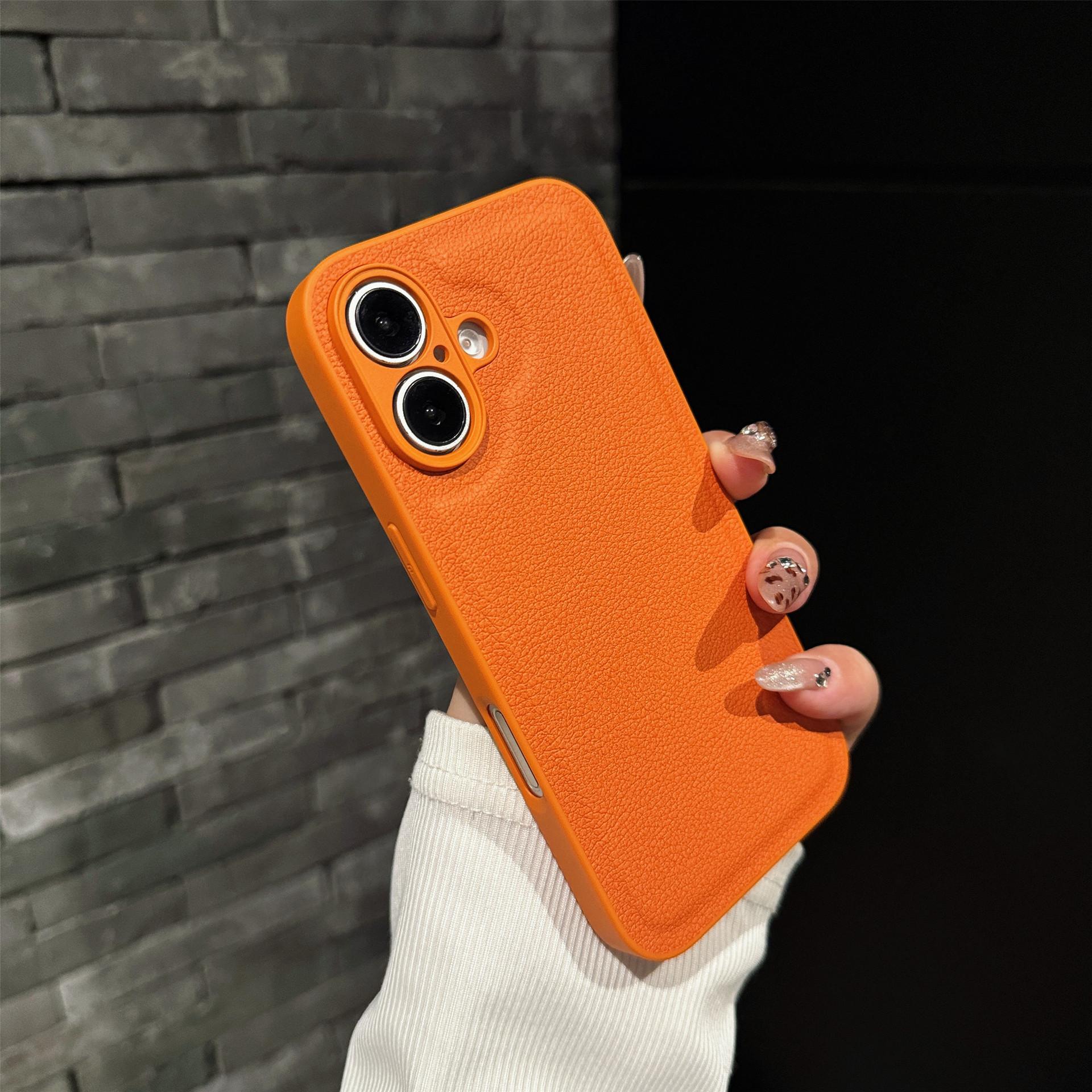 

Узор личи Подходит для чехла для мобильного телефона Iphone16ProMax Apple 15 Однотонный Простой Кожаный 14 Защитный чехол iPhone7P/8P оранжевый