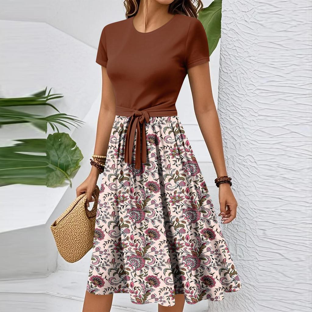 Damen Casual Mode Gürtel Vintage Bedruckt Kurzarm Rundhals Elegantes Kleid