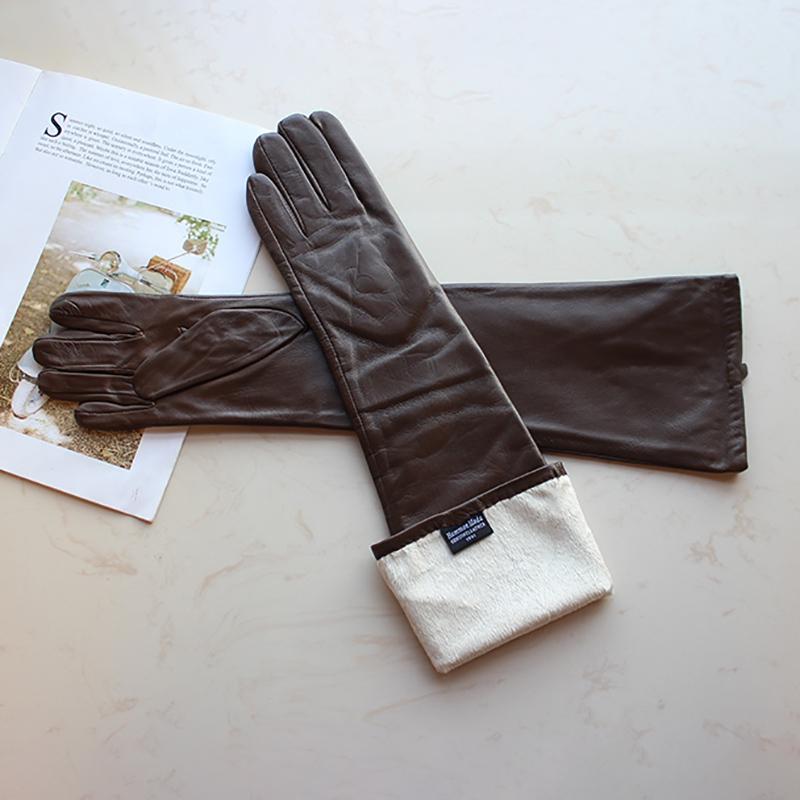 Long Leather Gloves for Women With Colorful Sheepskin Velvet Lining Fashionable Autumn and Winter Warm and Sunscreen Gloves