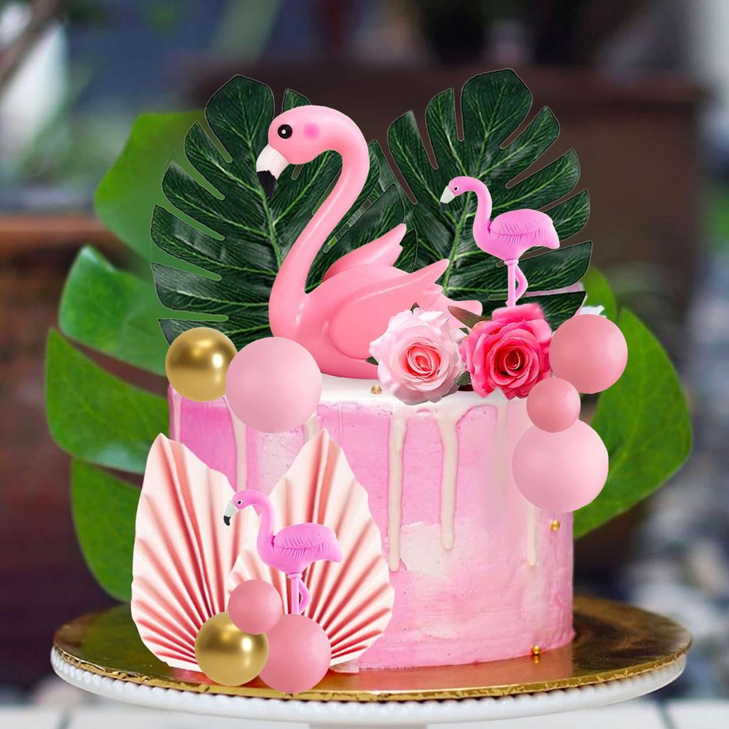 Flamingo Cake Decoration Palm Leaves Cake Topper Gold Pink Balls Cake Decor Rose Cake Topper Flamingo Tropical Party Supplies
