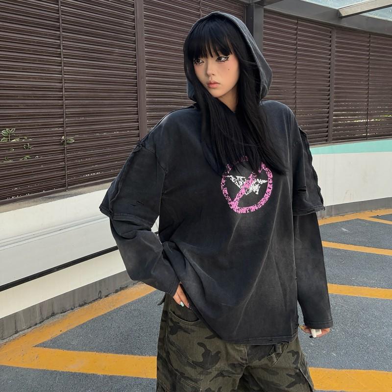 Mens Oversized Hoodie With Distressed Washed Abstract Print Loose Fit Streetwear Sweatshirt Fall