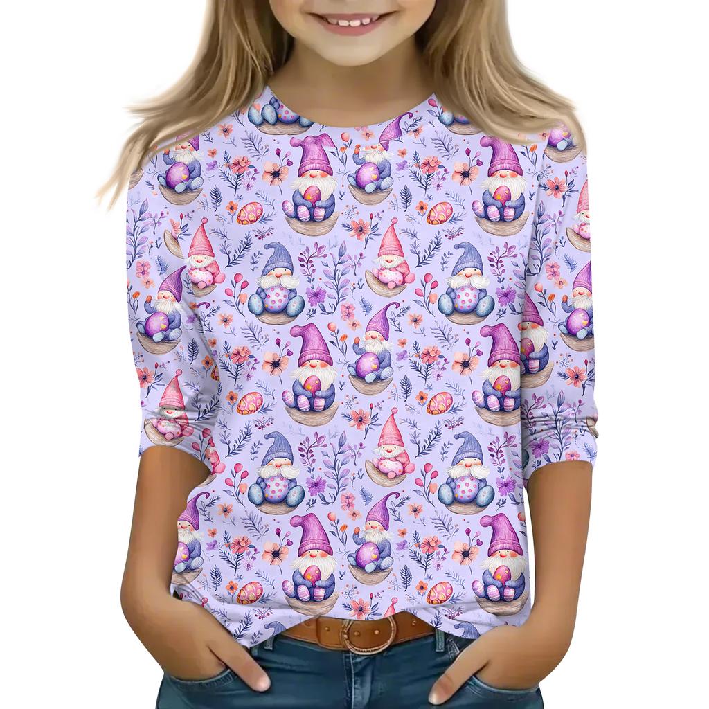 Print Tops For Youth Girls Round Neck 3/4 Sleeves T-Shirts Trendy Tops Outfit Tees