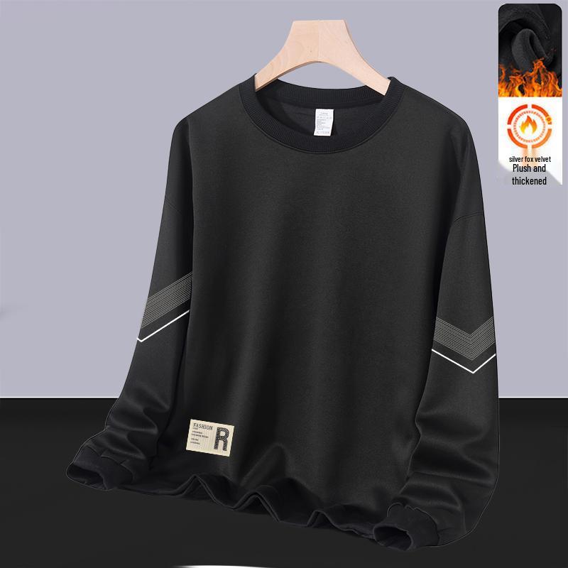 Men's Trendy Round Neck Hoodie: Autumn/Winter Loose Fit with Velvet, Long Sleeves, Versatile Casual Pullover