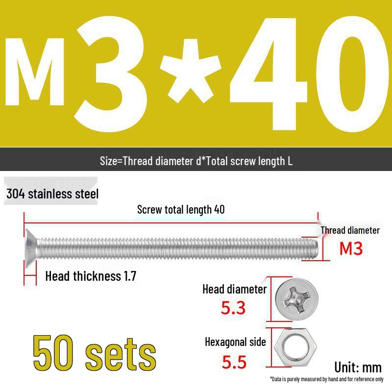 304 Stainless Steel Extra Long Phillips Flat Head Screws and Nuts Set (2M, 3M, 4M)