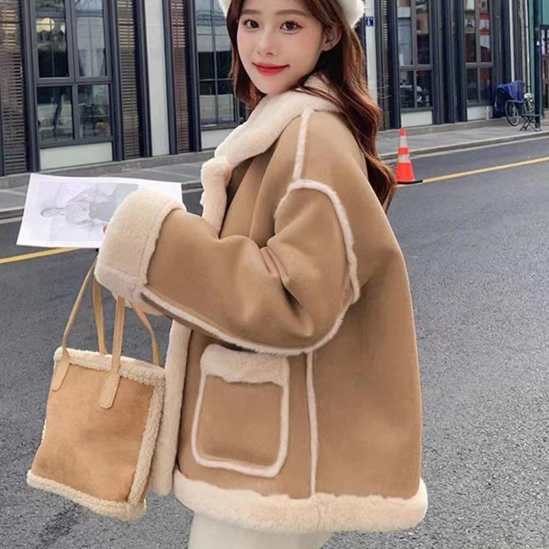Women Thickened Loose Cashmere Patchwork Jacket Winter Solid Color Long Sleeve Warm Casual Coat Single Breasted Outerwear
