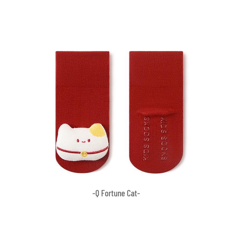 Combed Cotton Breathable Baby Mid-Calf Socks for 100 Days - Red Anti-Slip Festive Socks S 6-12 months