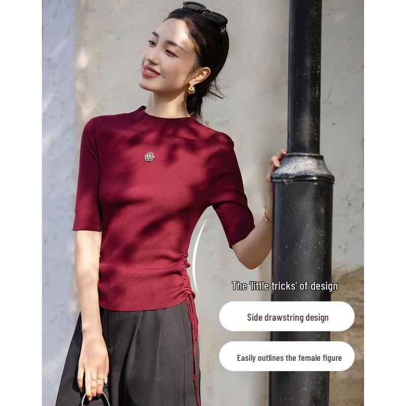 Women's Slim-Fit Drawstring Semi-High Collar Knit Top