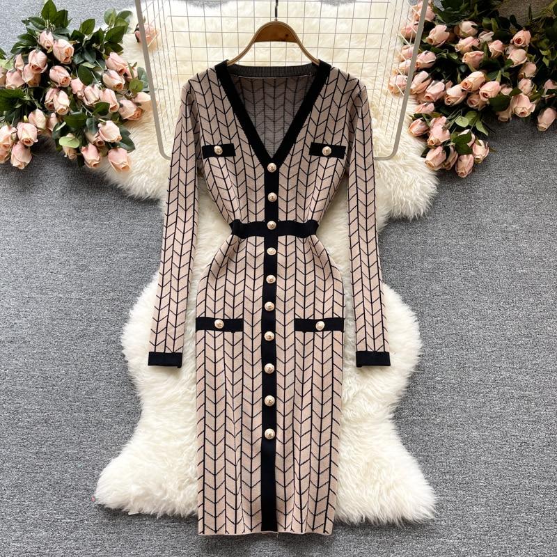 Women Design Plaid Knitted Dress Long Sleeve V Neck Single Breasted Slim Sheath Dresses Autumn Bodycon Sweater Dress Buy cheaply on Joom Women Design Plaid Knitted Dress Long Sleeve V Neck Single Breasted Slim Sheath Dresses Autumn Bodycon Sweater Dress Buy cheaply on Joom