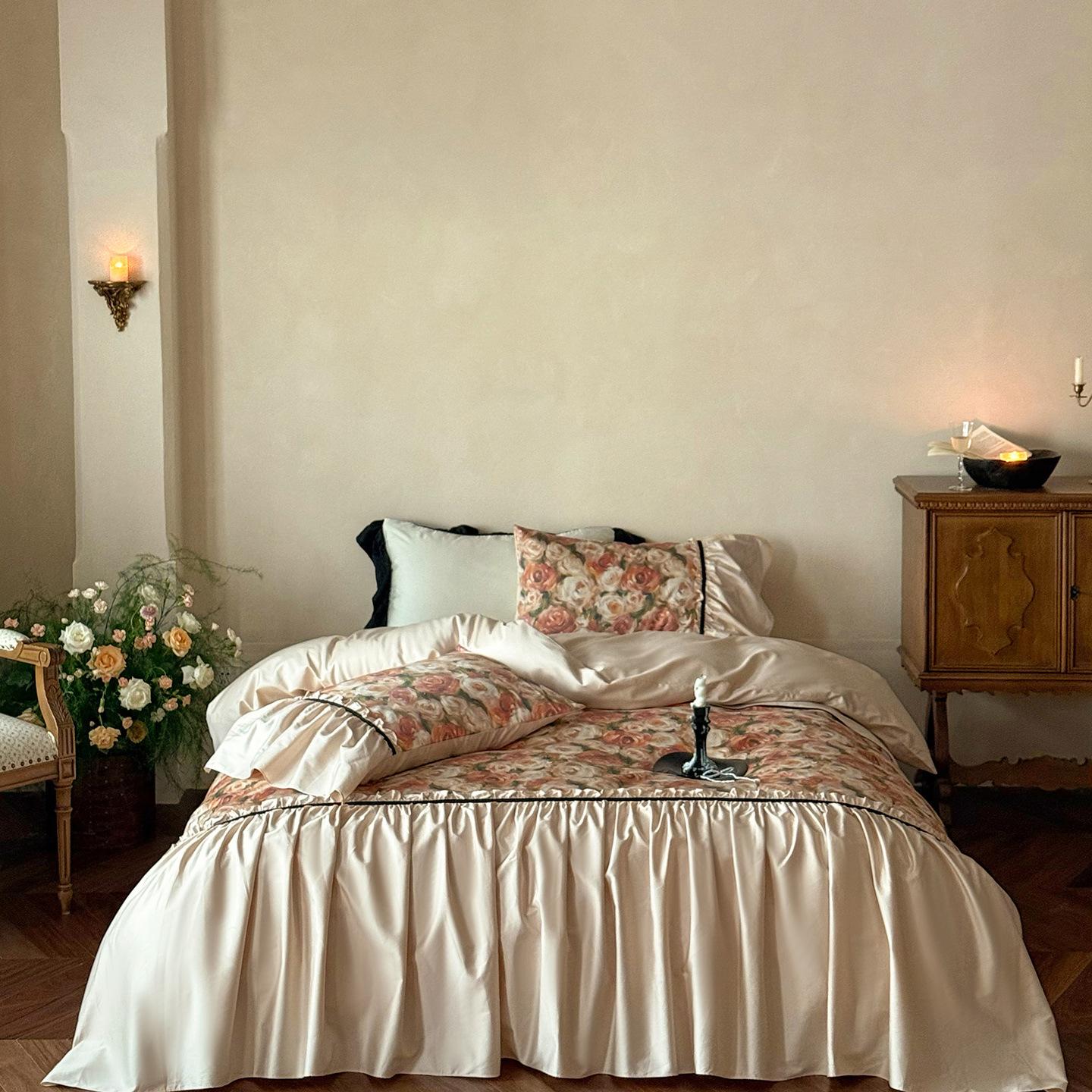 

French Retro 50S Double-Strand Cotton Long-Staple Cotton Oil Painting Style Digital Printing Bedding Four-Piece Quilt Cover 1.8 cover 200 * 230cm bed