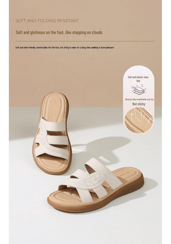 Sandali da donna a fascia in vera pelle Red Dragonfly: Scarpe Piatte Estive, Suola Morbida Antiscivolo, Cinturino Singolo—Perfette per Madri di Mezza Età e Anziane.