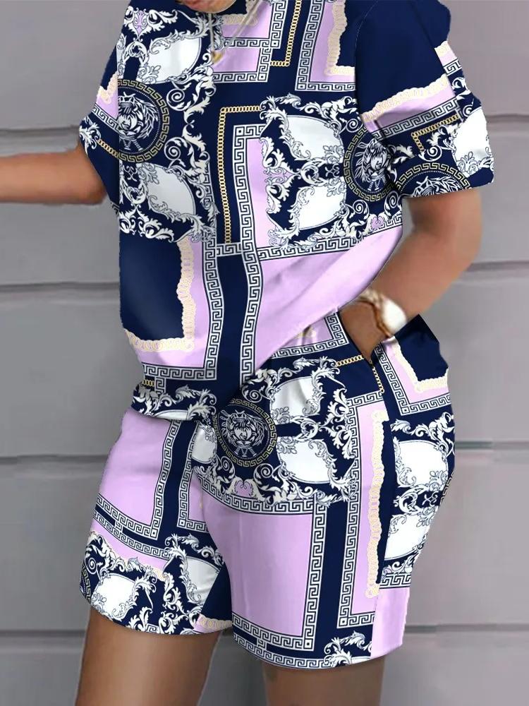 Casual Top & Shorts Set Sets Casual Short Sleeve Tshirt Outfit Women Summer Gradient 3D Print Pocket Short Sets Suit Female T Shirt Shorts
