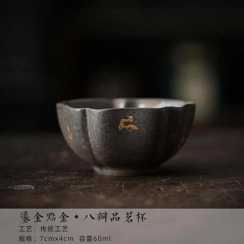 Handmade Gold Pointing Gilded Glazed Teacup Retro Ceramic Master Cup Tea Cushion Personal Single Tea Bowl Base Kung Fu Teaware