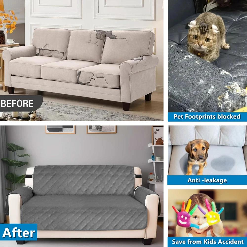 Reversible Sofa Cover 100% Waterproof Couch Slipcovers Non-Slip Furniture Protector with Pocket & Elastic Strap for Kid Dog Pets