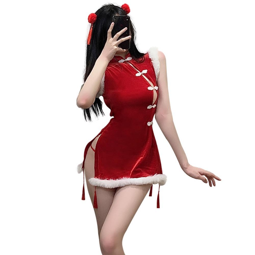 Xianyi Erotic Underwear Pure Desire Christmas Uniform Sexy Passion Free Breast Cheongsam New Year's Robe Set S5