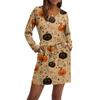 Women's Fashionable V-neck Long Sleeved Drawstring With Pocket Halloween Printed Casual Dress