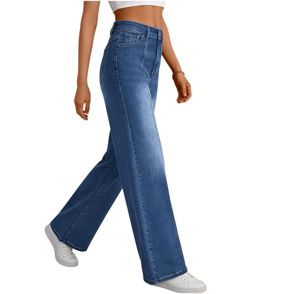 Damen Jeans mit weitem Bein Leichte gerade geschnittene lockere Jeans mit Kordelzug Denim Hose